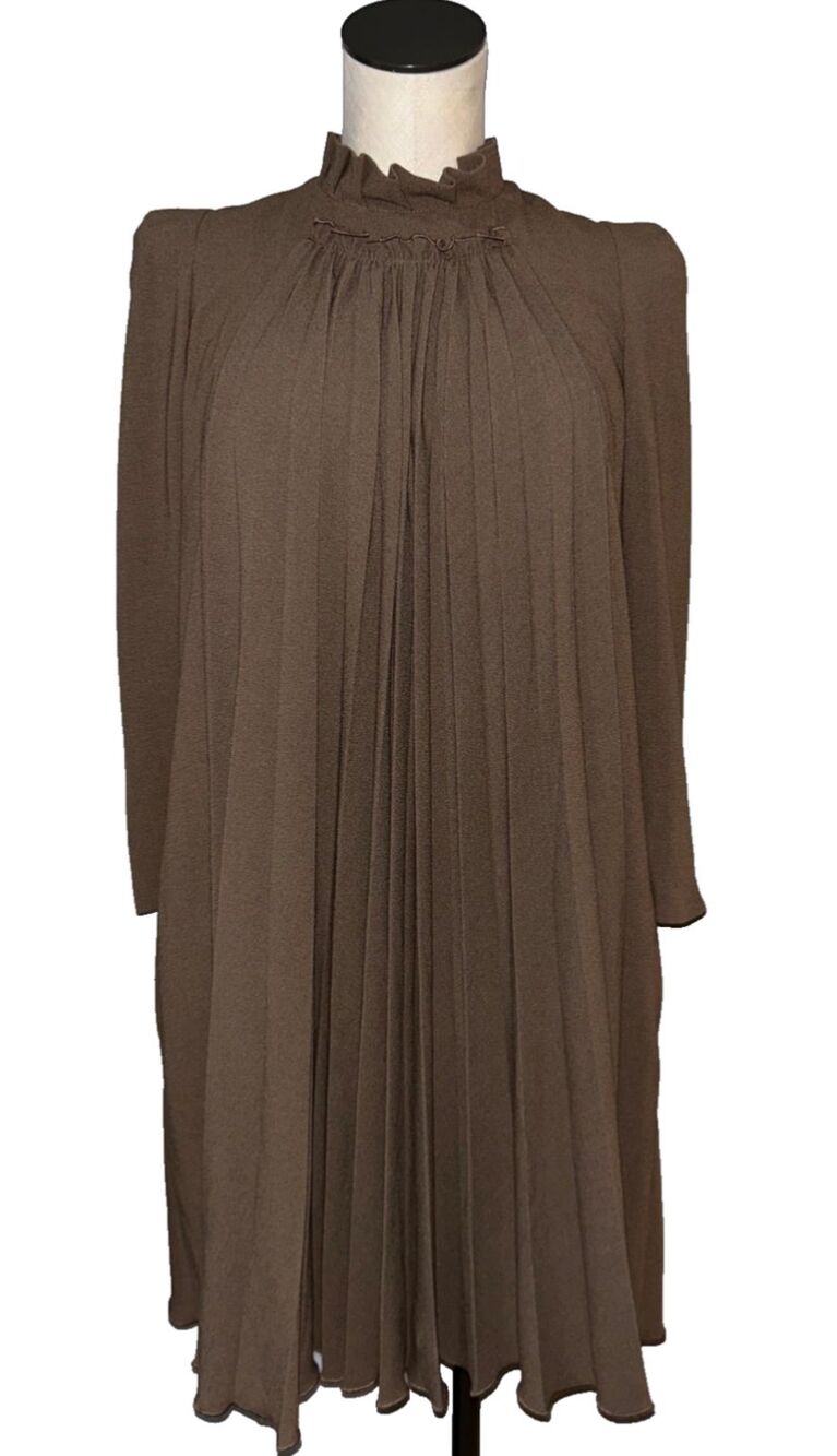 Piazza Sempione Women’s Pleated High Neck Dress size S No Tag Brown Modest